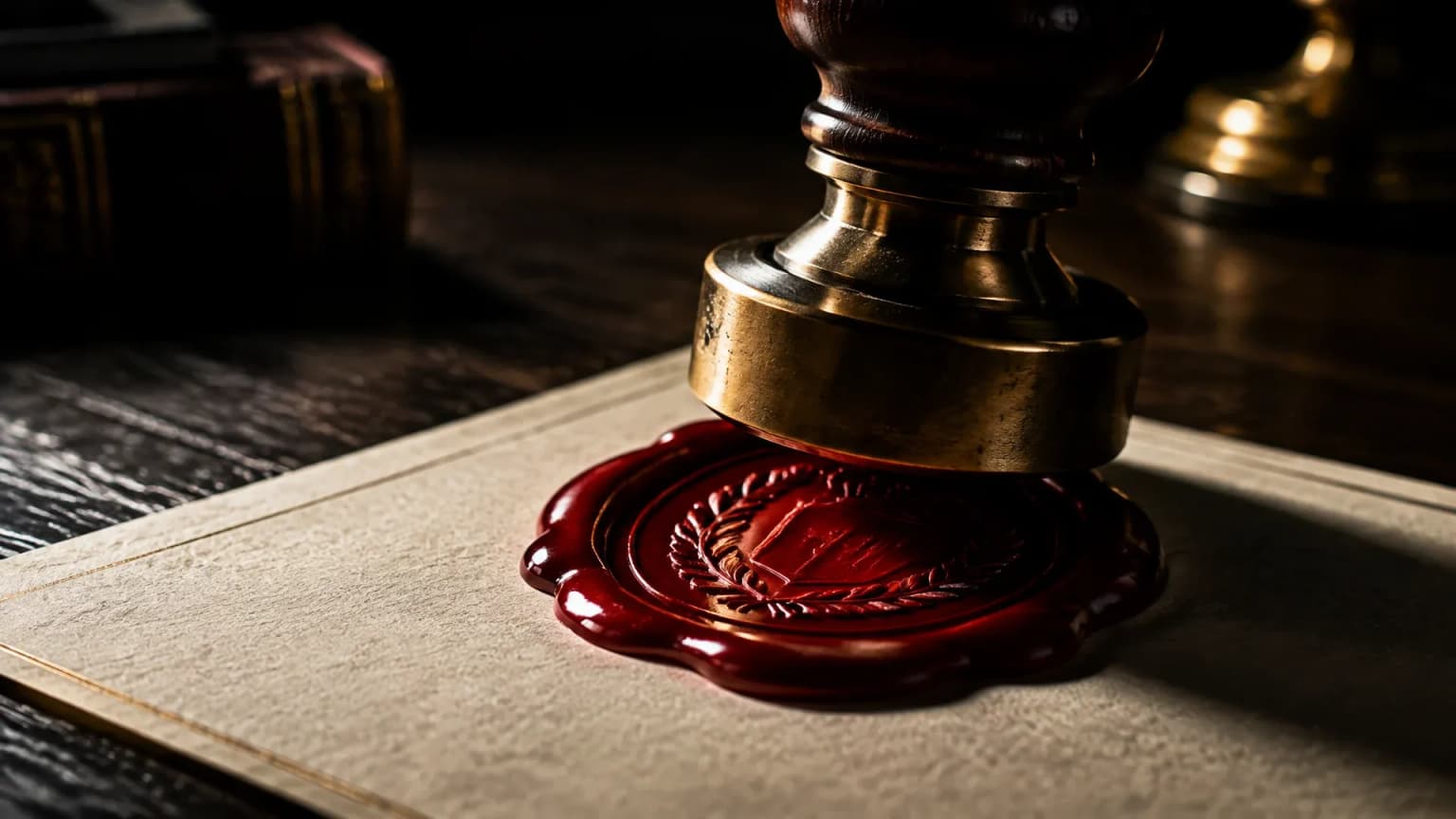 Roter Siegellack wird mit einem schweren Metallstempel auf ein amtliches Dokument gepresst