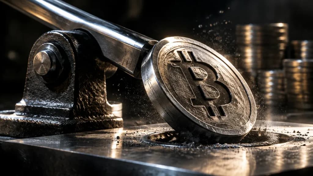 Ein polierter Stahlhebel stemmt auf einem gusseisernen Drehpunkt eine übergroße Metallmünze mit eingeprägtem Bitcoin-Zeichen aus einer Stahlplatte heraus.