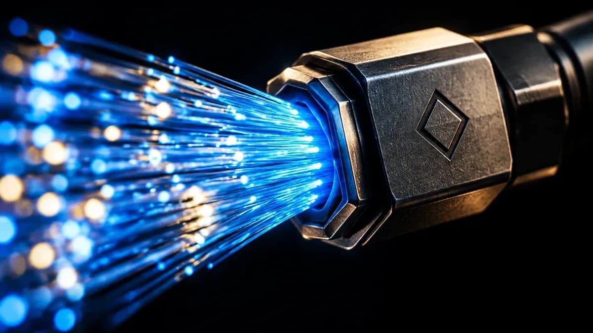 Dichtes Bündel leuchtender Glasfaserstränge läuft in einen Metallstecker mit eingravierter Raute zusammen