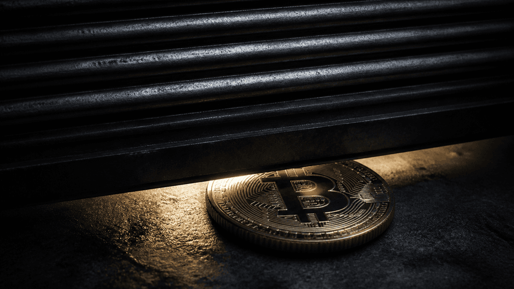 Herabfahrendes Stahl-Rolltor, im letzten Lichtspalt eine physische Muenze mit eingepraegtem Bitcoin-Zeichen