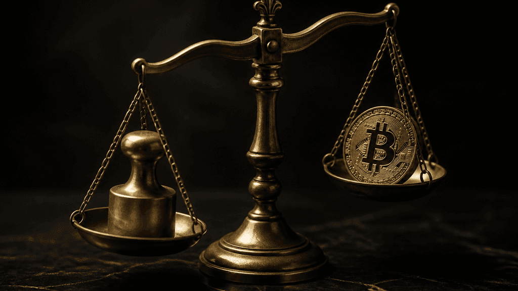 Messingwaage auf dunklem Stein: links ein glatter Siegelstempel, rechts eine Bitcoin-Münze, die Schalen noch in Bewegung