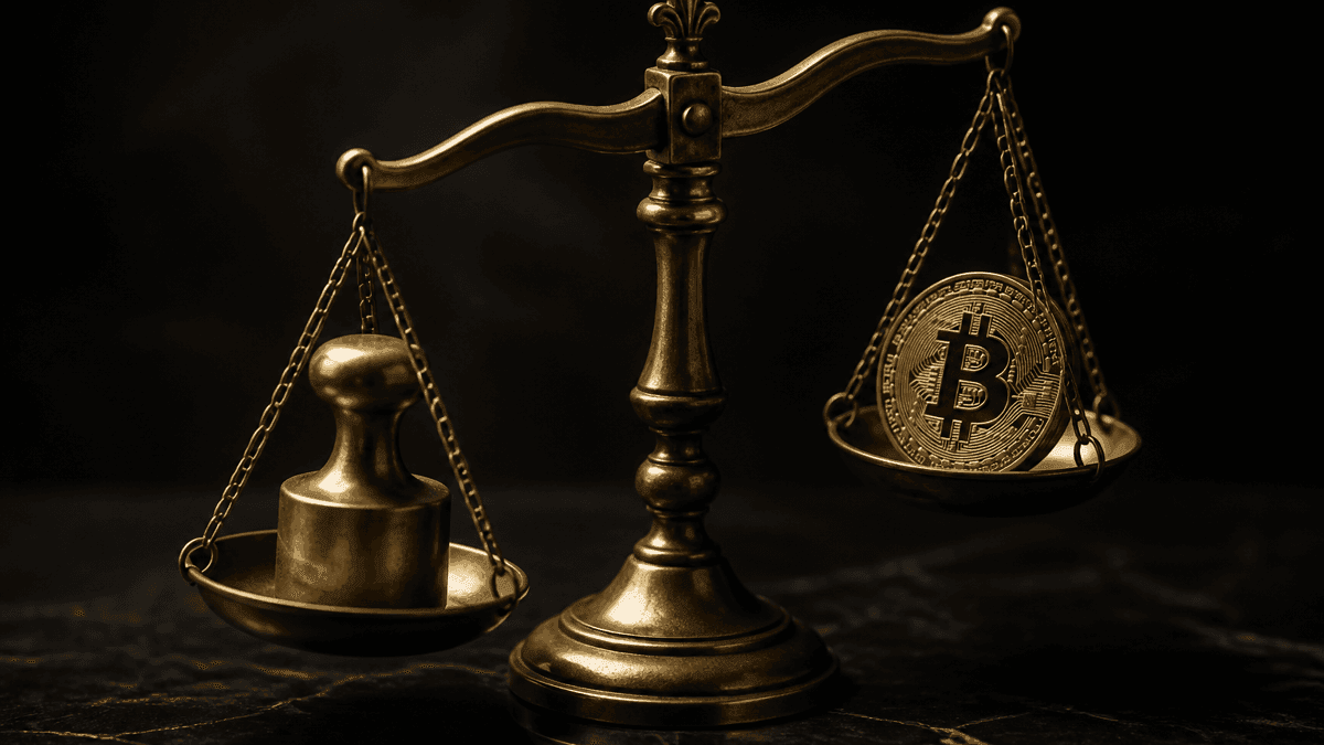 Brass scales on dark stone: a smooth seal stamp on the left, a Bitcoin coin on the right, the pans still in motion