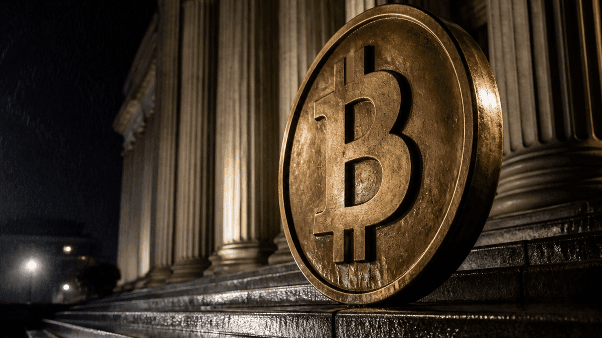 Grosse Metallmuenze mit eingepraegtem Bitcoin-Zeichen steht nachts auf den nassen Steinstufen vor dem Saeulenportal eines klassizistischen Behoerdengebaeudes