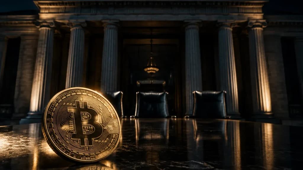 Säulenportal einer klassizistischen Finanzbehörde bei Nacht, dahinter ein Sitzungstisch mit drei Stühlen, der mittlere leer, davor eine Münze mit Bitcoin-Zeichen