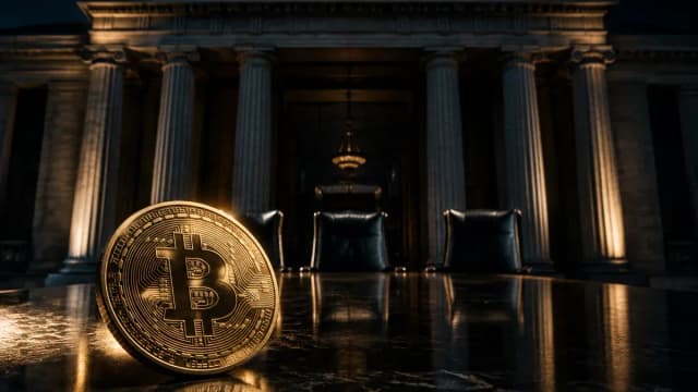 Säulenportal einer klassizistischen Finanzbehörde bei Nacht, dahinter ein Sitzungstisch mit drei Stühlen, der mittlere leer, davor eine Münze mit Bitcoin-Zeichen