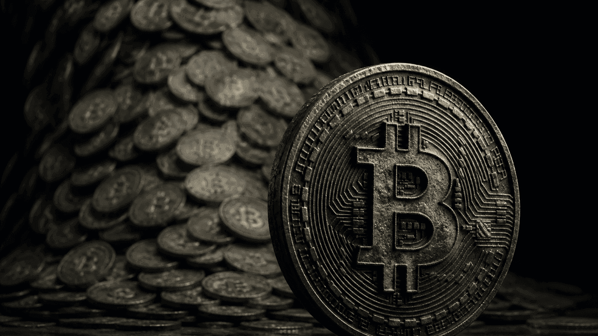 Eine scharf gestellte, angelaufene Metallmuenze mit eingepraegtem Bitcoin-Zeichen steht aufrecht vor einer unscharfen Halde aus hunderten gleichartiger Muenzen im Dunkeln.