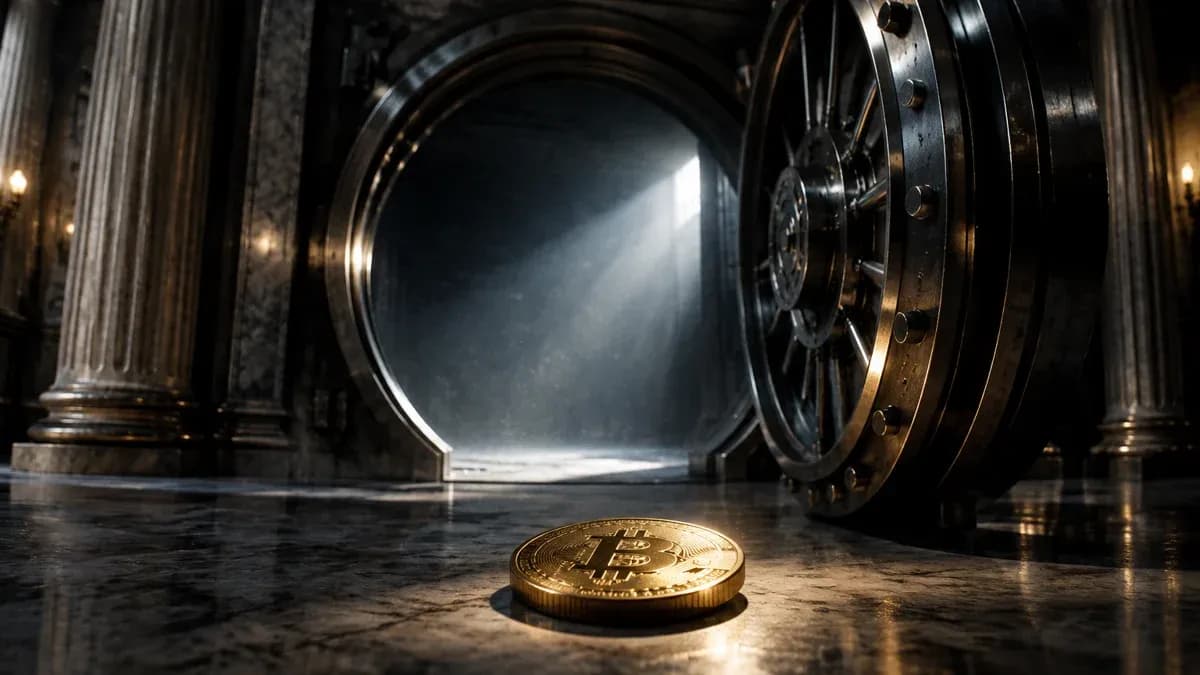 Das offene Stahltor eines monumentalen Banktresors, der Tresorraum dahinter leer bis auf eine einzelne zurückgelassene Goldmünze mit Bitcoin-Zeichen auf dem Steinboden