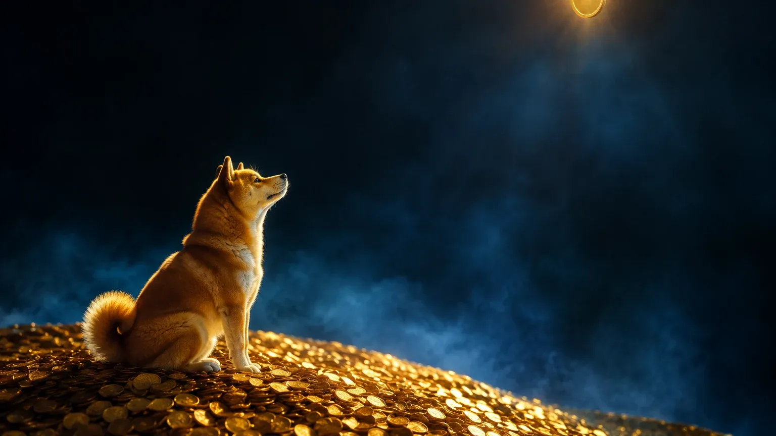A Shiba Inu dog sits on a heap of small gold coins and looks up at a single distant coin