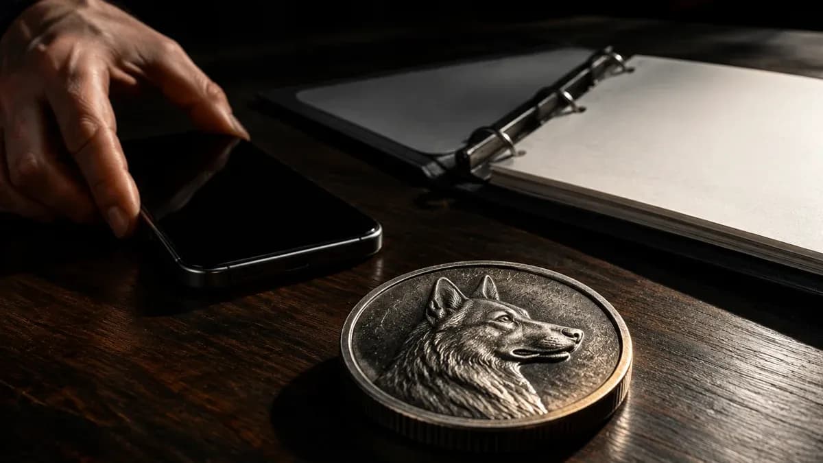 Hand legt ein Smartphone mit schwarzem Display neben einen leeren Papierordner, davor eine Metallmuenze mit Hundekopf-Relief