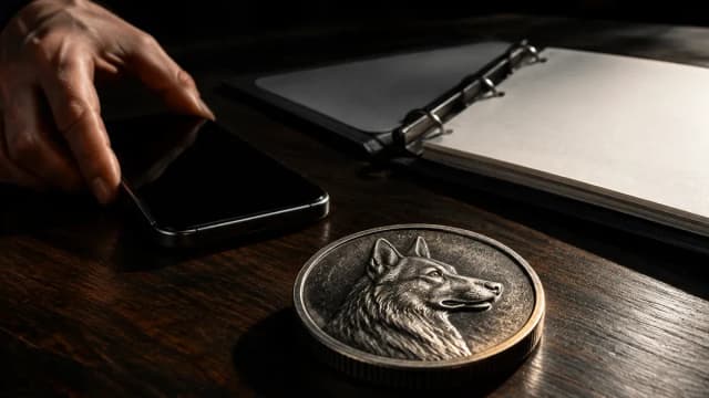 Hand legt ein Smartphone mit schwarzem Display neben einen leeren Papierordner, davor eine Metallmuenze mit Hundekopf-Relief