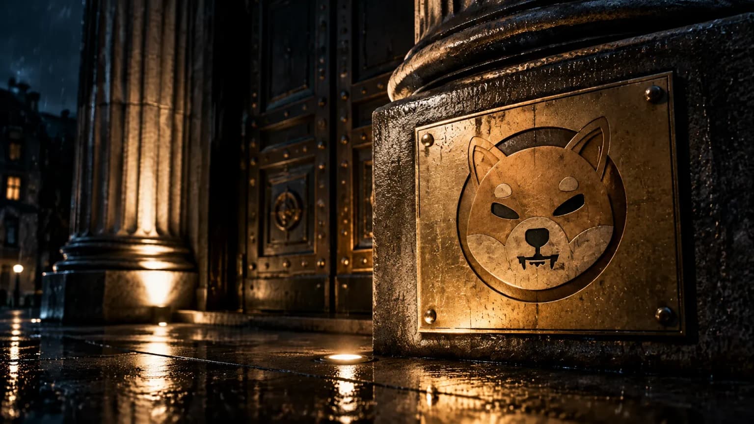 Alto portal con columnas neoclásico de un edificio de banco central de noche bajo la lluvia, junto a la puerta de bronce cerrada el símbolo de Shiba Inu grabado en una placa de latón
