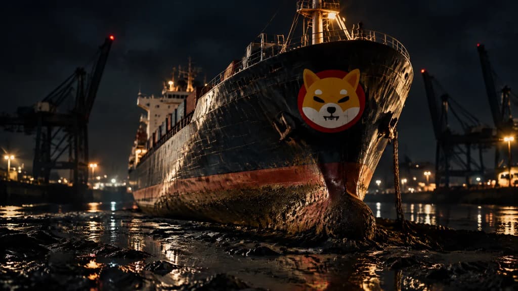 Frachtschiff liegt bei Niedrigwasser im Schlick eines naechtlichen Hafenbeckens, am Bug das Shiba-Inu-Zeichen