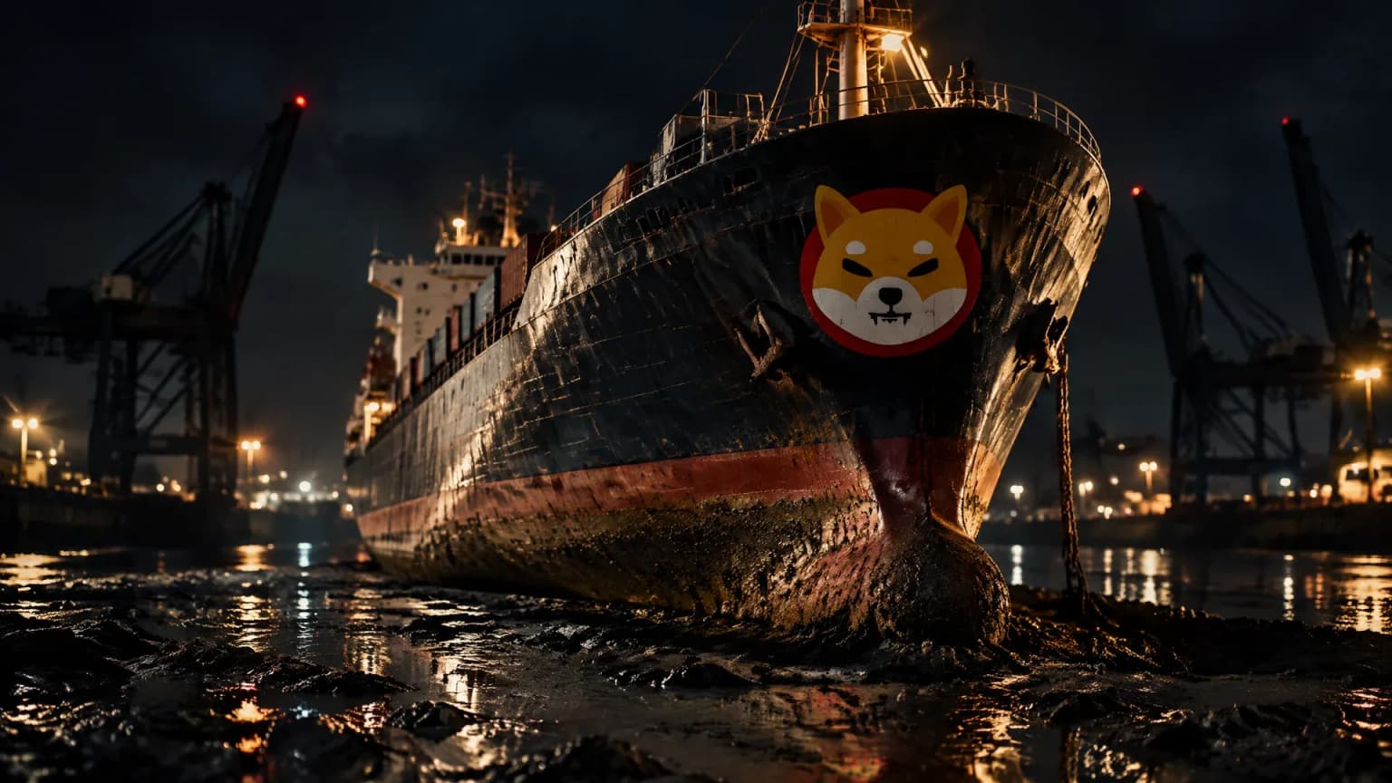 Frachtschiff liegt bei Niedrigwasser im Schlick eines nächtlichen Hafenbeckens, am Bug das Shiba-Inu-Zeichen