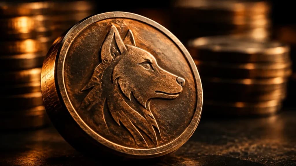 Makroaufnahme einer schweren Metallmuenze mit eingepraegtem stilisiertem Hundekopf vor dunklem Grund