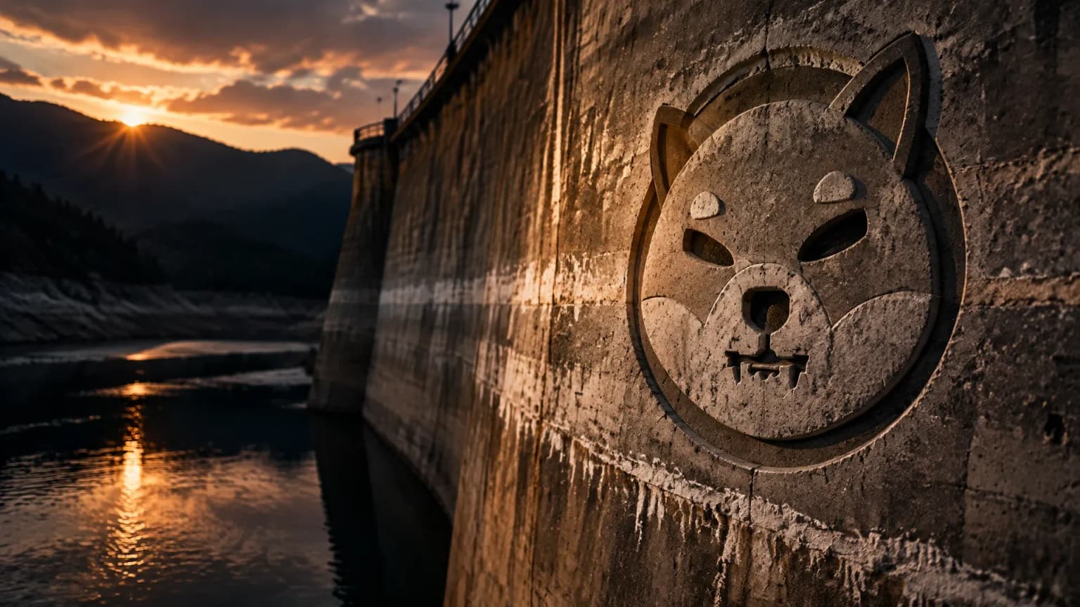 Betonmauer einer Talsperre bei Niedrigwasser im Abendlicht, der Wasserspiegel steht tief unter den ausgebleichten Pegelstreifen, in die Mauer ist das Shiba-Inu-Zeichen als runde Gravur eingeschlagen