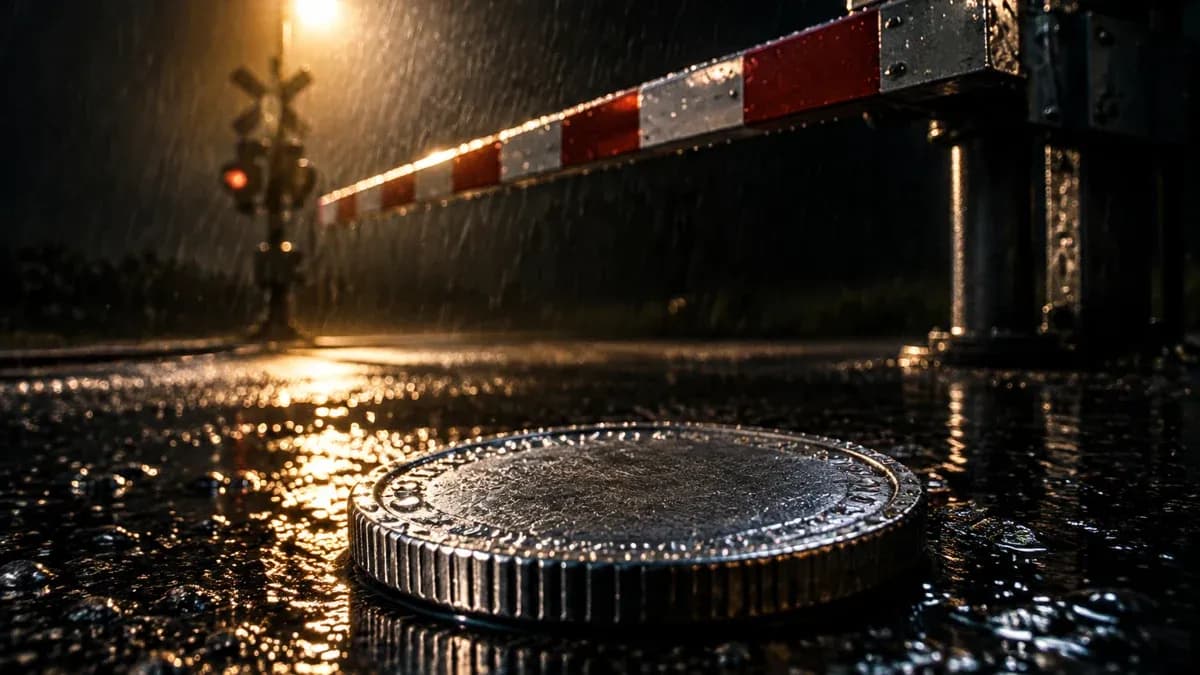 Sich schließende Bahnschranke bei Nacht im Regen, davor eine schwere unbeschriftete Metallmünze auf nassem Asphalt