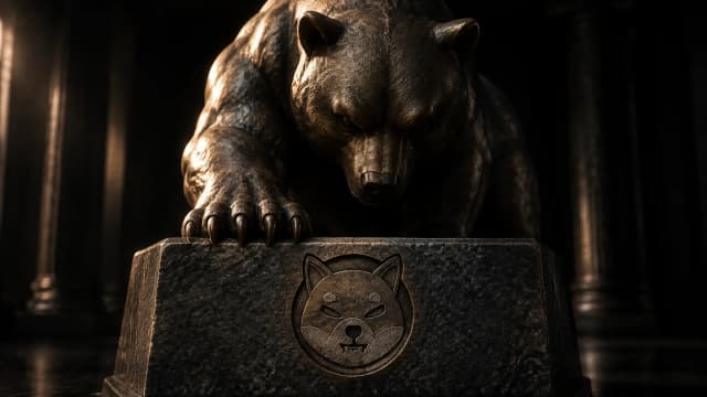 Massive Bärenfigur aus dunkler Bronze mit tief gesenktem Kopf auf einem Granitsockel in einer nachtschwarzen Halle, in die Sockelvorderseite ist das Shiba-Inu-Zeichen als tiefe Gravur eingeschlagen