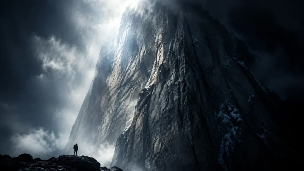Silhouette eines einzelnen Bergsteigers am Fuss einer gewaltigen Felswand, deren Gipfel in Wolken verschwindet