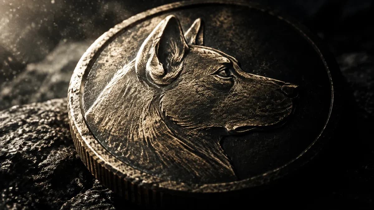 Schwere Metallmünze mit eingeprägtem Hundekopf im Profil, makro auf dunkler Steinfläche