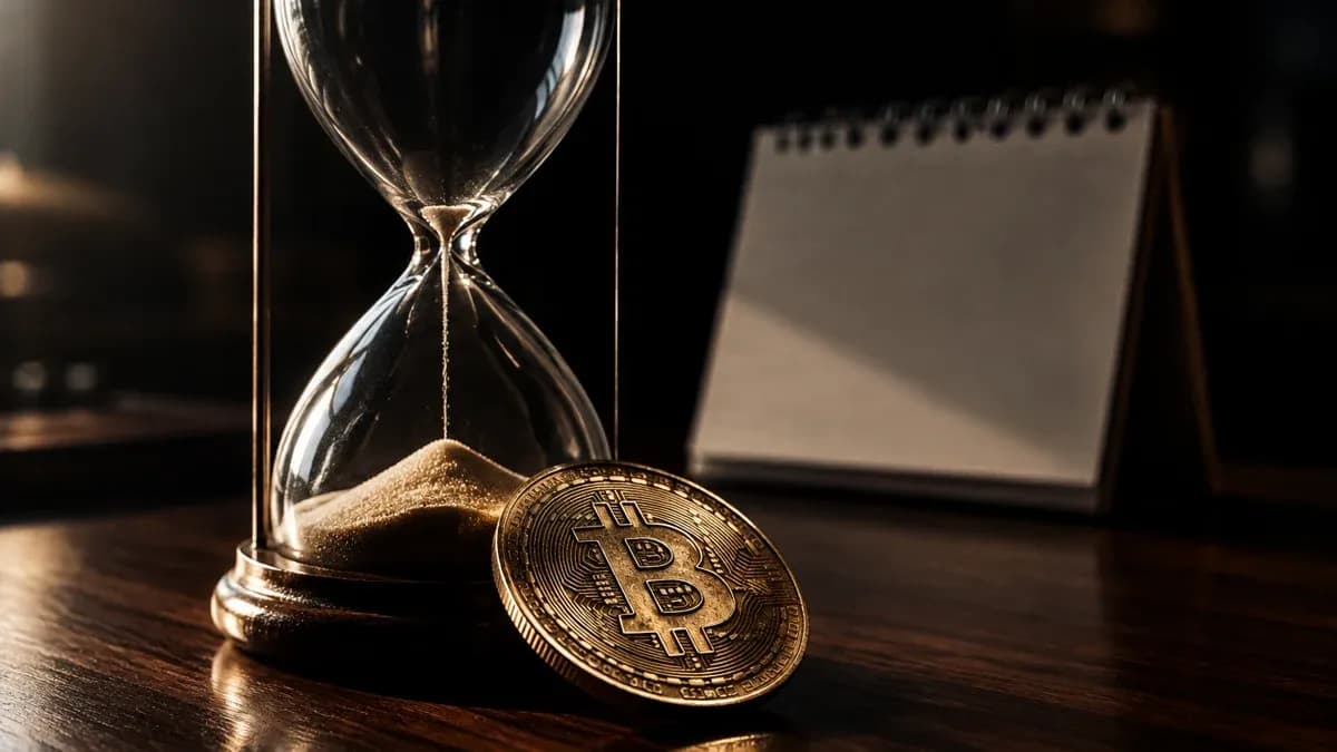 Fast leer gelaufene glaeserne Sanduhr auf dunklem Holztisch, davor eine Metallmuenze mit eingepraegtem Bitcoin-Zeichen, dahinter ein leerer Kalenderblock