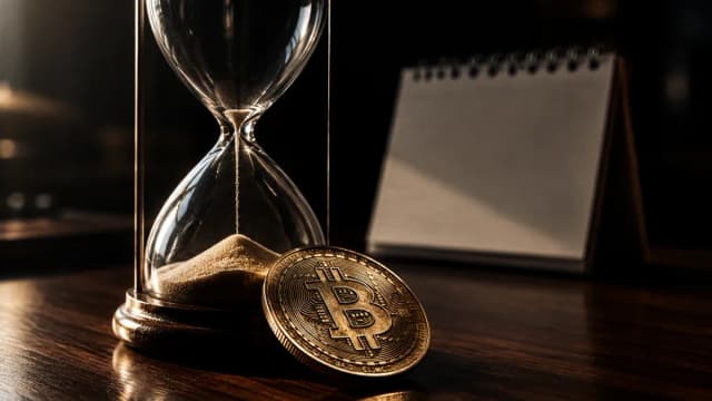 Fast leer gelaufene glaeserne Sanduhr auf dunklem Holztisch, davor eine Metallmuenze mit eingepraegtem Bitcoin-Zeichen, dahinter ein leerer Kalenderblock