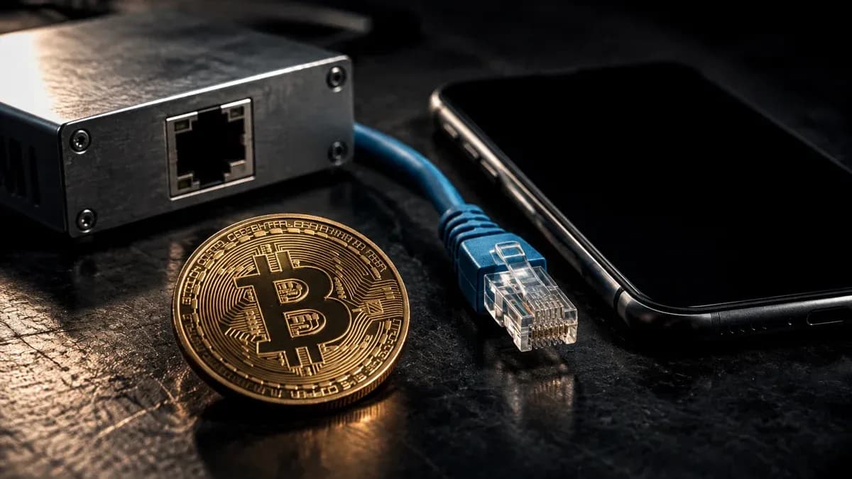 Hardware-Gerät und Smartphone auf einer dunklen Werkbank, daneben ein aus der Buchse gezogenes Netzwerkkabel und eine physische Münze mit Bitcoin-Zeichen