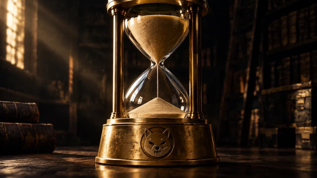 Schwere glaeserne Sanduhr auf einem Messingsockel in einem dunklen Archivraum, im Sockel ist das Shiba-Inu-Zeichen als Gravur eingeschlagen, der obere Glaskolben ist noch fast voll