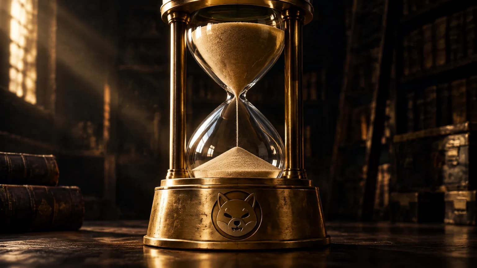 Schwere gläserne Sanduhr auf einem Messingsockel in einem dunklen Archivraum, im Sockel ist das Shiba-Inu-Zeichen als Gravur eingeschlagen