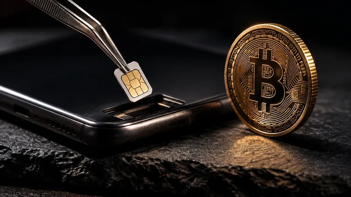 Unas pinzas levantan una tarjeta SIM de la bandeja de un teléfono móvil, al lado hay una moneda con el símbolo de bitcoin grabado