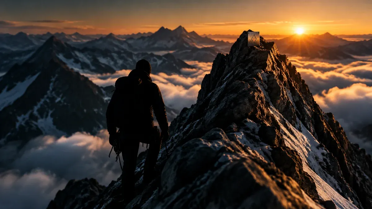 A mountaineer in silhouette a few steps below a summit ridge in morning light, with a metal plate on the ridge bearing an engraved diamond-shaped symbol