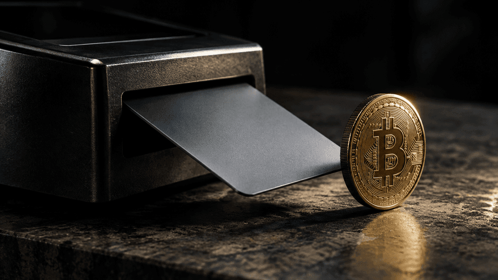 Eine glatte Bankkarte ohne Prägung steckt in einem dunklen Kartenlesegerät auf einem Steintresen, daneben steht eine schwere Münze mit eingeprägtem Bitcoin-Zeichen.