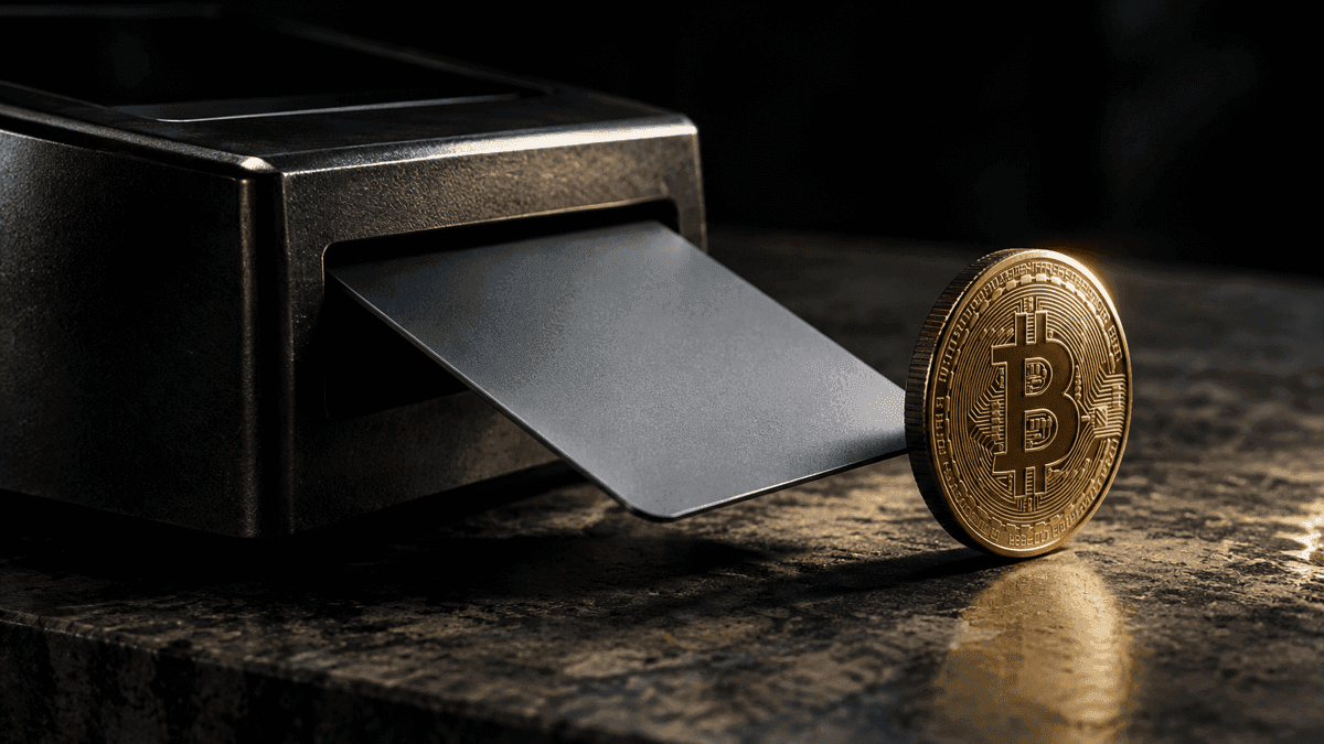 Eine glatte Bankkarte ohne Prägung steckt in einem dunklen Kartenlesegerät auf einem Steintresen, daneben steht eine schwere Münze mit eingeprägtem Bitcoin-Zeichen.