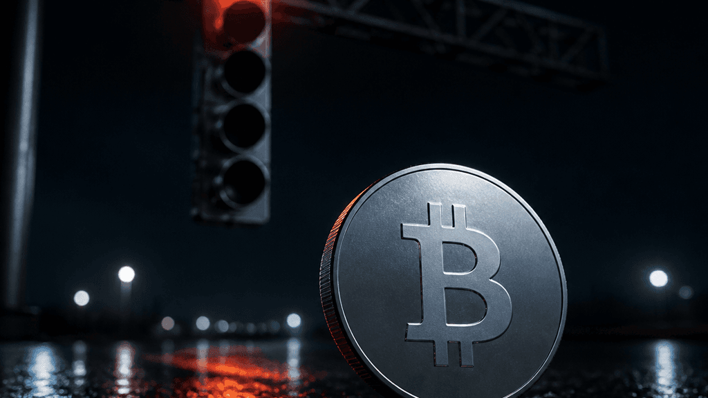 Nächtliche Startampel über nasser Fahrbahn: nur die oberste von fünf Lampen glüht rot, im Vordergrund eine große Metallmünze mit Bitcoin-Zeichen