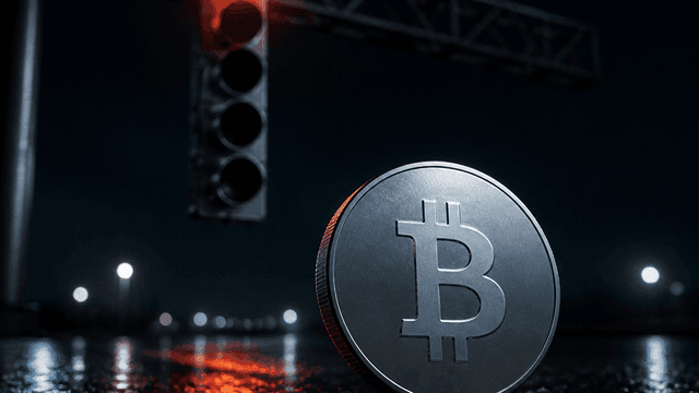 Nächtliche Startampel über nasser Fahrbahn: nur die oberste von fünf Lampen glüht rot, im Vordergrund eine große Metallmünze mit Bitcoin-Zeichen