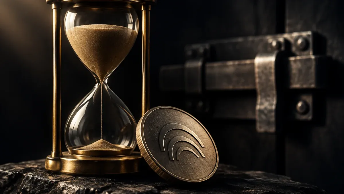 Fast volle Sanduhr neben einer metallenen Münze vor einem geschlossenen Riegel