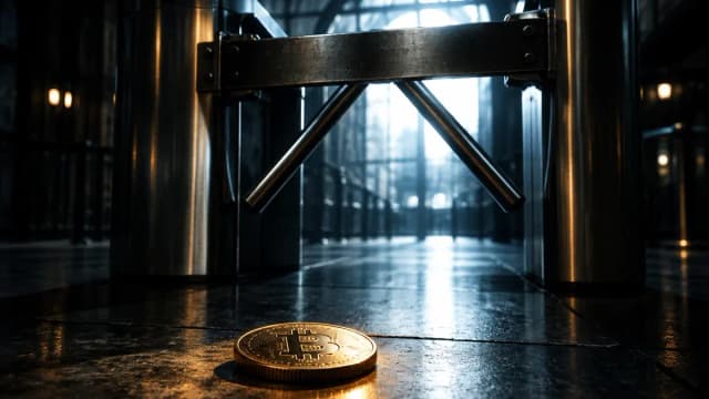 Ein Drehkreuz aus Edelstahl in einer dunklen Bahnhofshalle, dessen Flügel von einem schweren Metallriegel blockiert werden, davor liegt eine Münze mit eingeprägtem Bitcoin-Zeichen auf dem Steinboden.