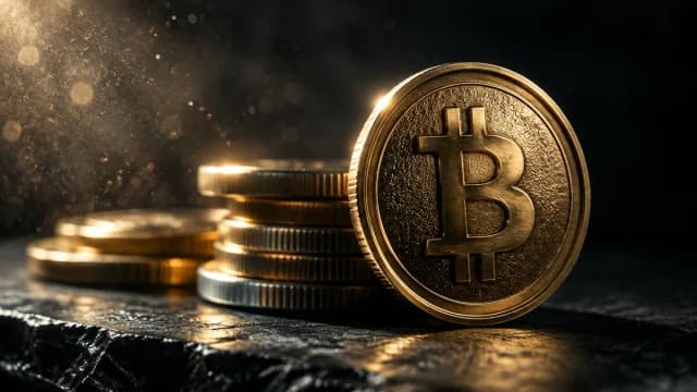 Aufrecht stehende Metallmuenze mit eingepraegtem Bitcoin-Zeichen vor einem Stapel glatter Muenzen auf dunkler Schieferplatte