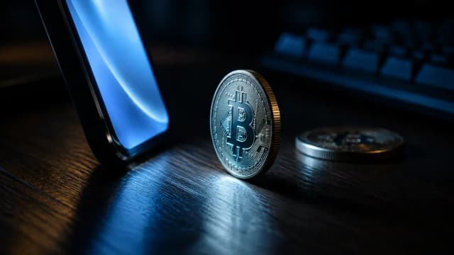 Nächtlicher Schreibtisch mit leuchtendem Smartphone und zwei Metallmünzen mit eingeprägtem Bitcoin-Zeichen