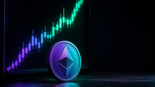 Rising violet and green price curve on a glass panel with a gradient coin standing upright in front, symbolizing the Solana price