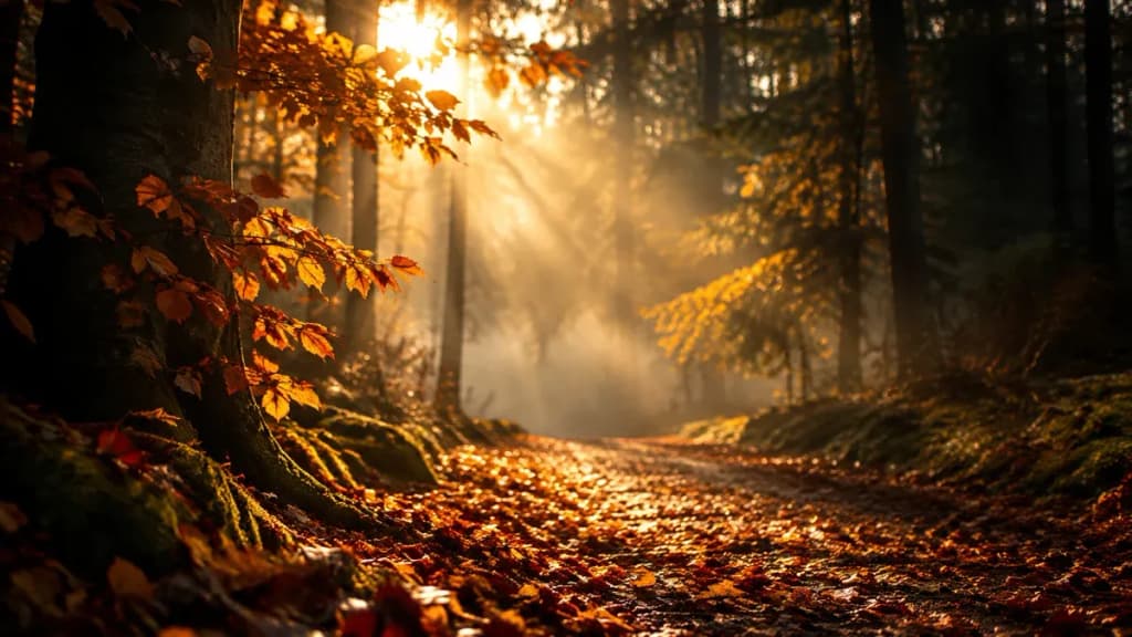 Waldweg voller Herbstlaub im goldenen Licht, Sonnenstrahlen fallen durch hohe Bäume