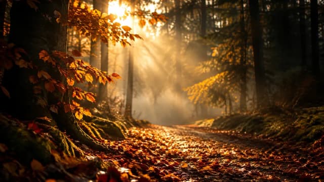Waldweg voller Herbstlaub im goldenen Licht, Sonnenstrahlen fallen durch hohe Bäume