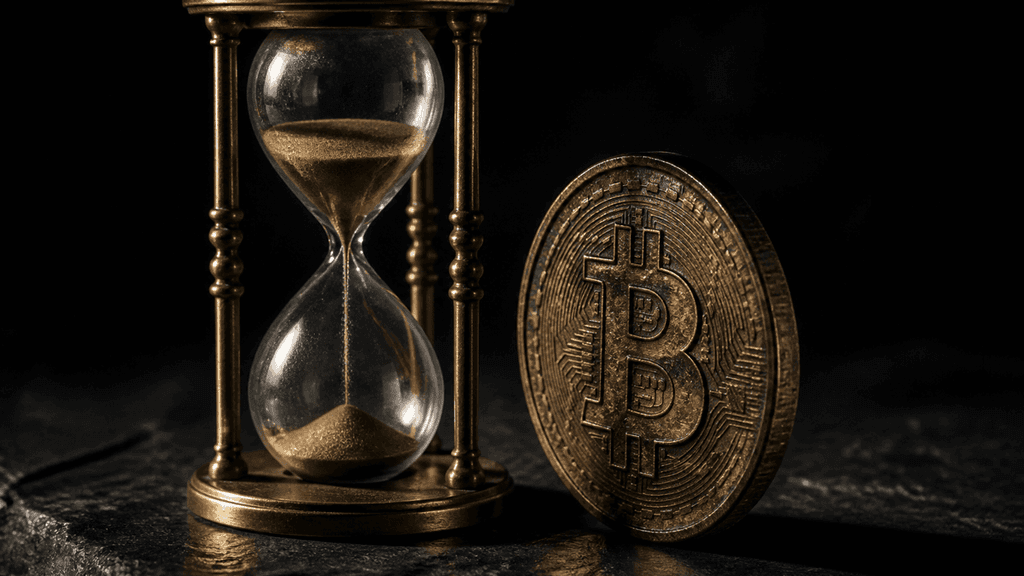 Fast durchgelaufene Sanduhr aus Messing und Glas auf dunklem Schiefer, daneben eine hochkant stehende Metallmuenze mit eingepraegtem Bitcoin-Zeichen