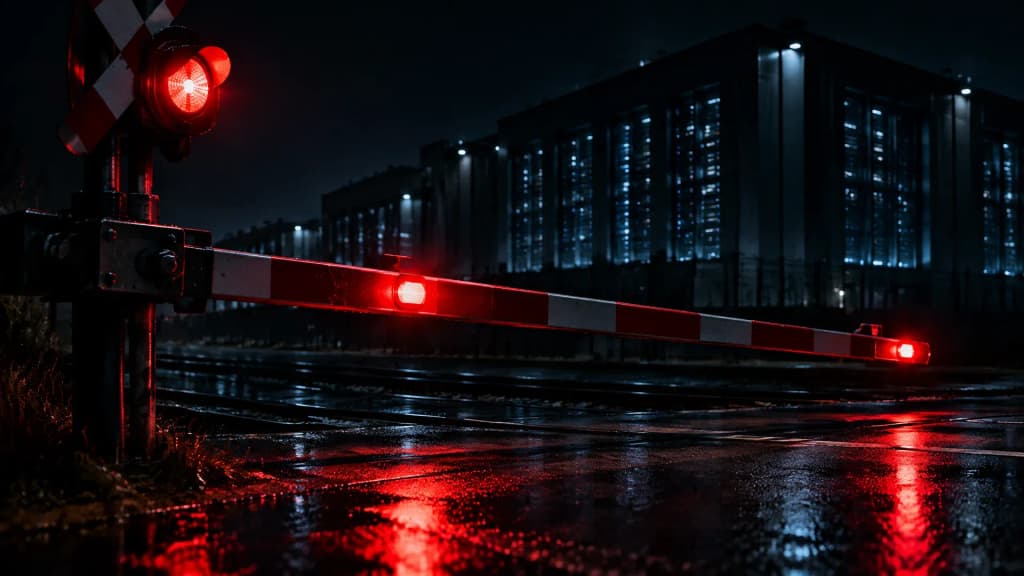 Sich senkende Bahnschranke bei Nacht über leeren Gleisen, rote Warnleuchte spiegelt sich auf nassem Asphalt, dahinter die dunklen Fensterreihen eines Rechenzentrums