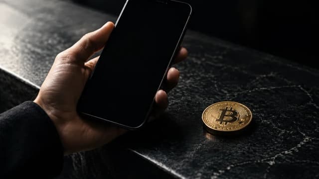 Hand hält ein Smartphone mit dunklem Display über eine steinerne Banktheke, daneben eine physische Münze mit eingeprägtem Bitcoin-Zeichen