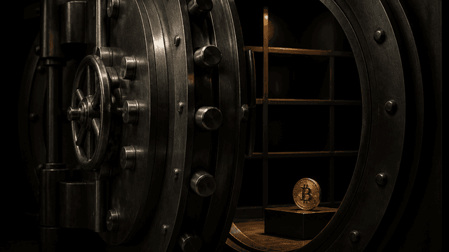 Halb geöffnete Stahl-Tresortür einer Bank, davor auf einem Sockel eine physische Münze mit eingeprägtem Bitcoin-Zeichen
