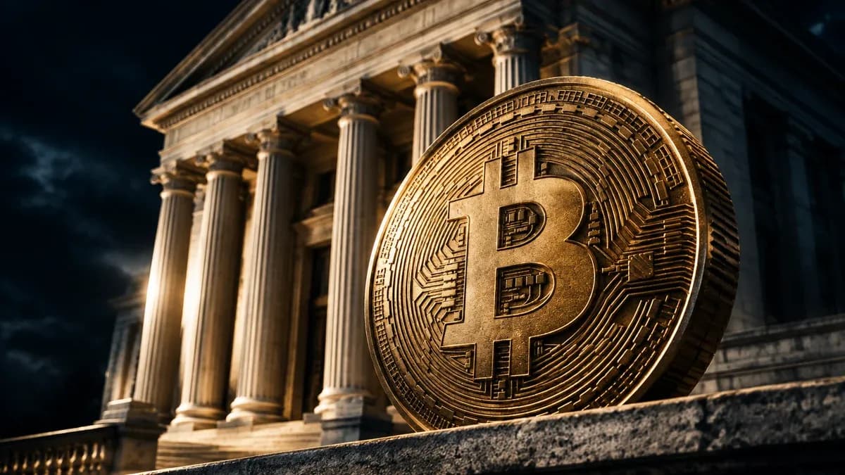 Monumentales klassizistisches Säulenportal einer Notenbank im nächtlichen Gegenlicht, davor auf einer Steinbrüstung eine große geprägte Münze mit Bitcoin-Zeichen