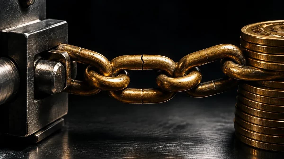 Schwere Messingkette aus dicken Gliedern verbindet einen massiven Tresorriegel mit einem Stapel geprägter Münzen, ein Kettenglied in der Mitte zeigt einen feinen Riss