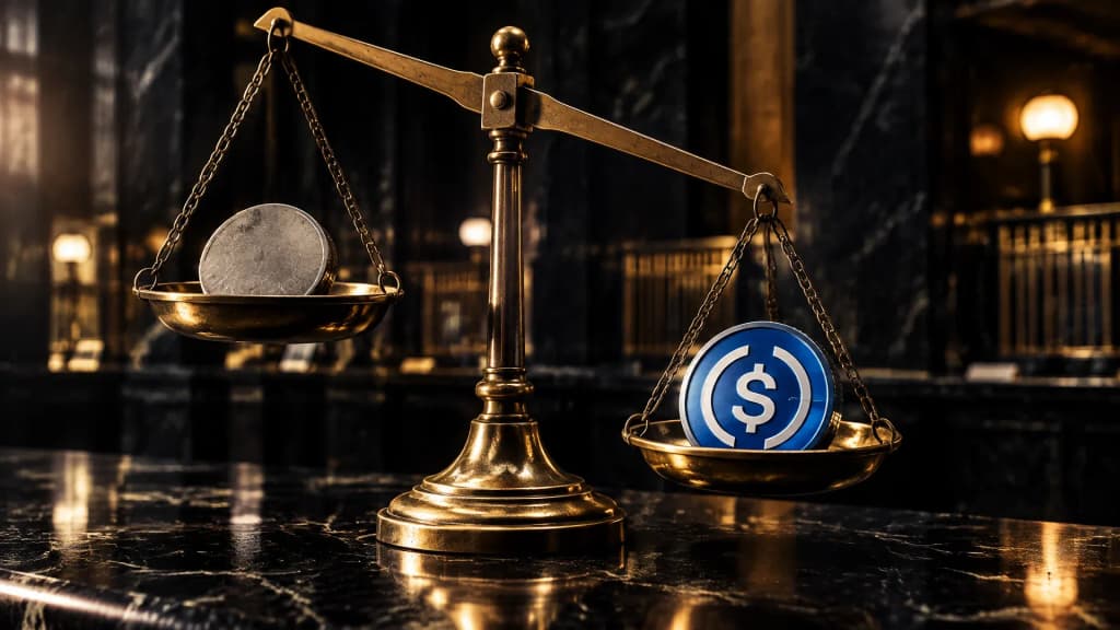 Messingne Balkenwaage auf einem Banktresen, die rechte Schale mit einer frisch geprägten Metallscheibe mit dem USDC-Zeichen kippt nach unten