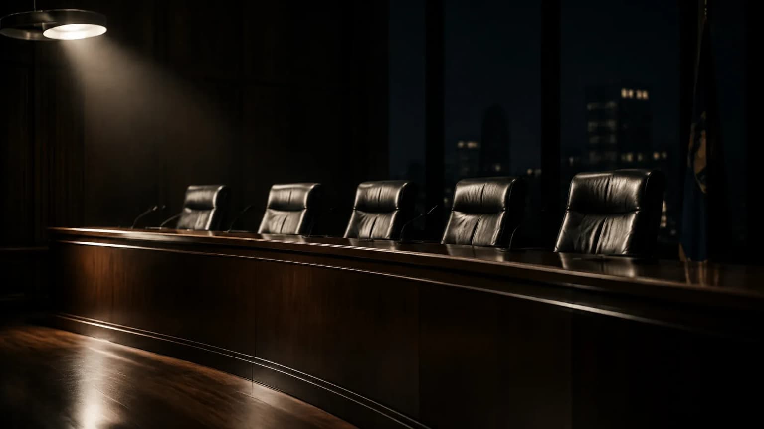 Leerer Sitzungssaal einer Behörde bei Nacht, fünf unbesetzte Lederstühle hinter einem geschwungenen Holzpodium im Licht einer einzelnen Deckenleuchte
