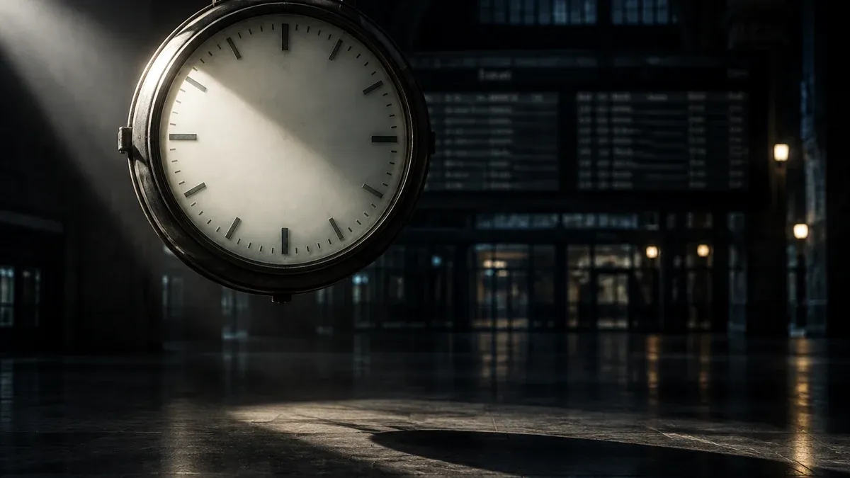 Große Bahnhofsuhr aus Metall und Milchglas ohne Ziffern in einer leeren nächtlichen Bahnhofshalle, von der Seite angestrahlt